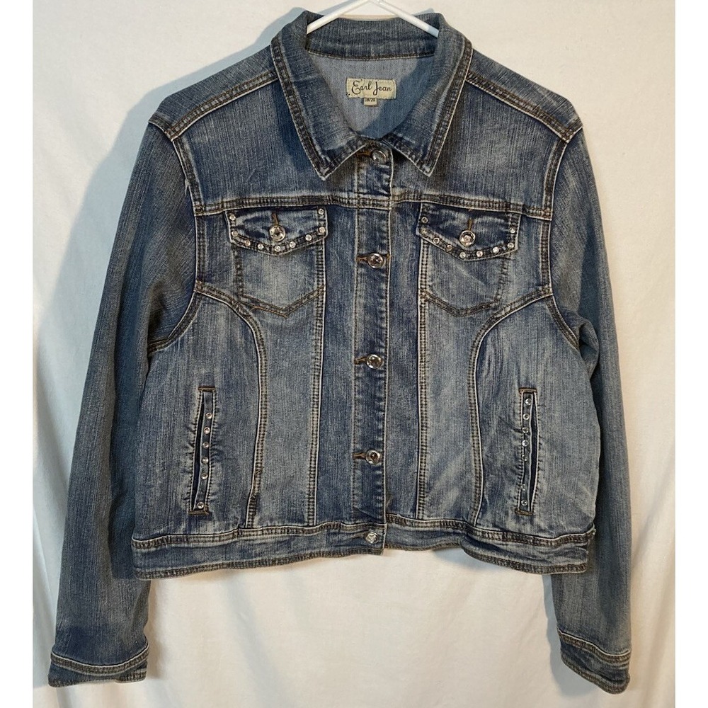 EARL Jean Denim Jean jacket Embellished Rhinestone Button Front Blue Size 18/20!